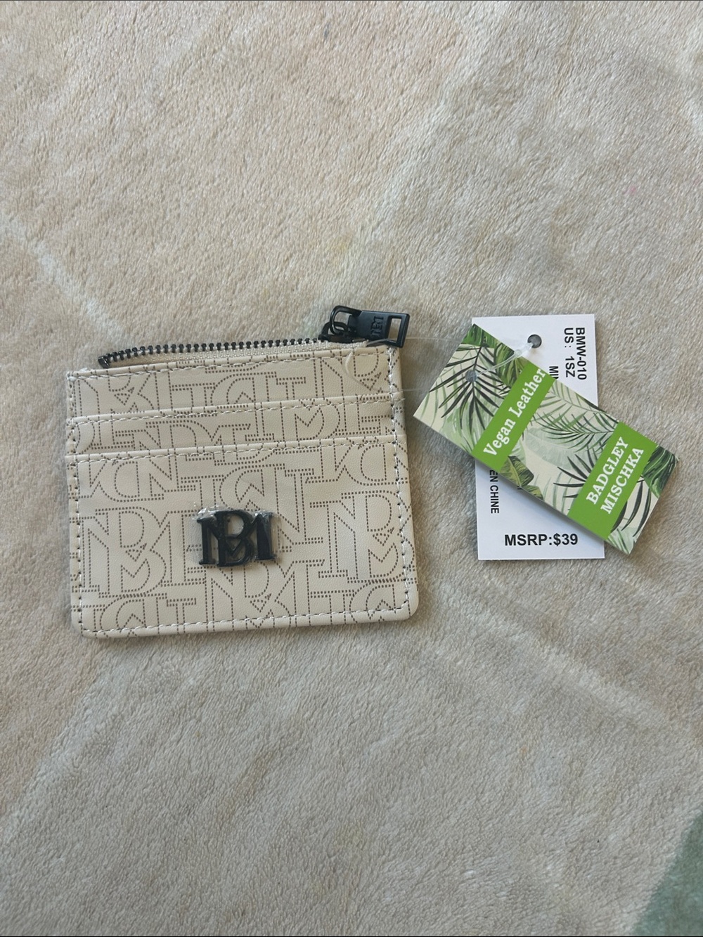 Badgley Mischka Cream Monogram Card & Coin Pouch with BM Logo